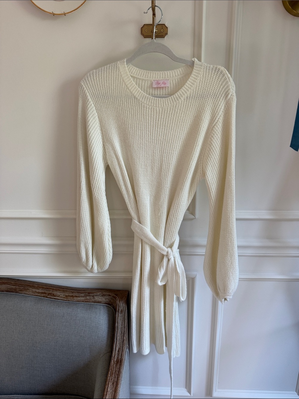 Pink Lily Cream Knit Tie-Waist Long Sleeve Sweater Dress